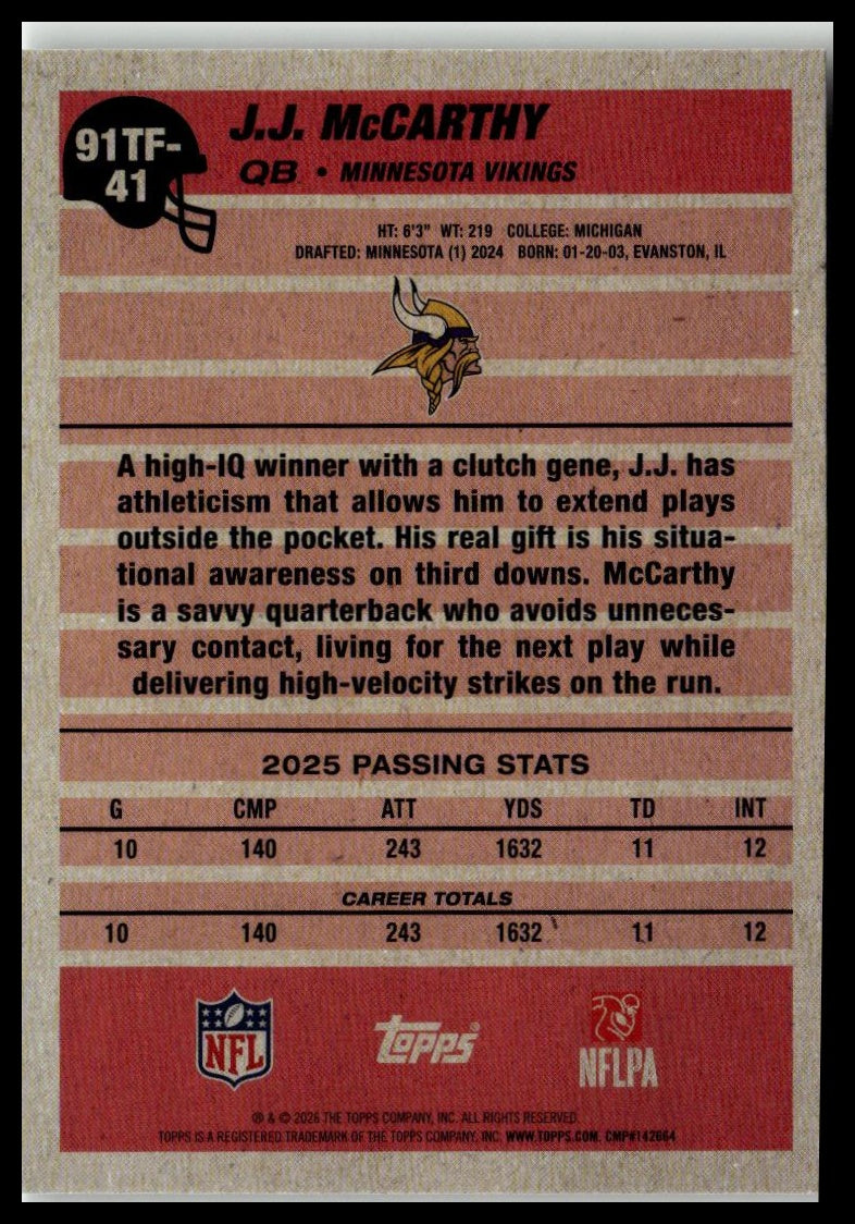 2026 Topps Flagship #91TF-41 J.J. McCarthy 1991 Topps Football Crackle