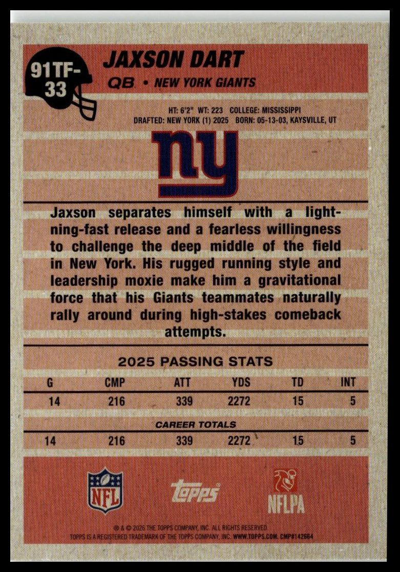 2026 Topps Flagship #91TF-33 Jaxson Dart 1991 Topps Football