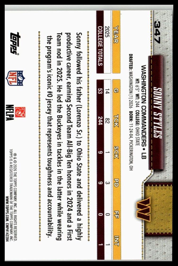 2026 Topps Flagship #347 Sonny Styles