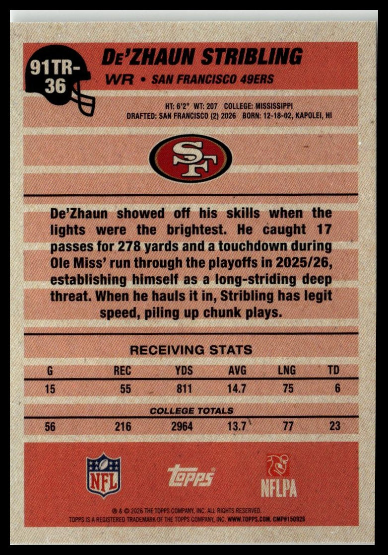 2026 Topps Flagship #91TR-36 De'Zhaun Stribling 1991 Topps Football Rookies