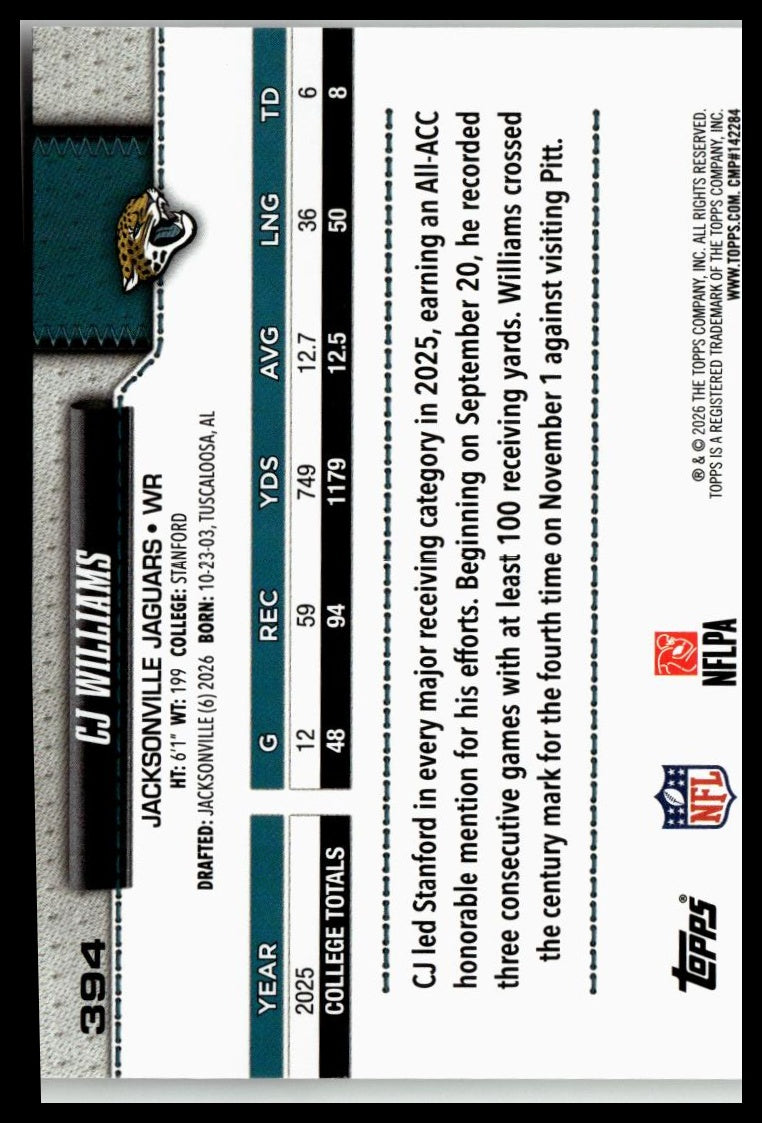2026 Topps Flagship #394 C.J. Williams