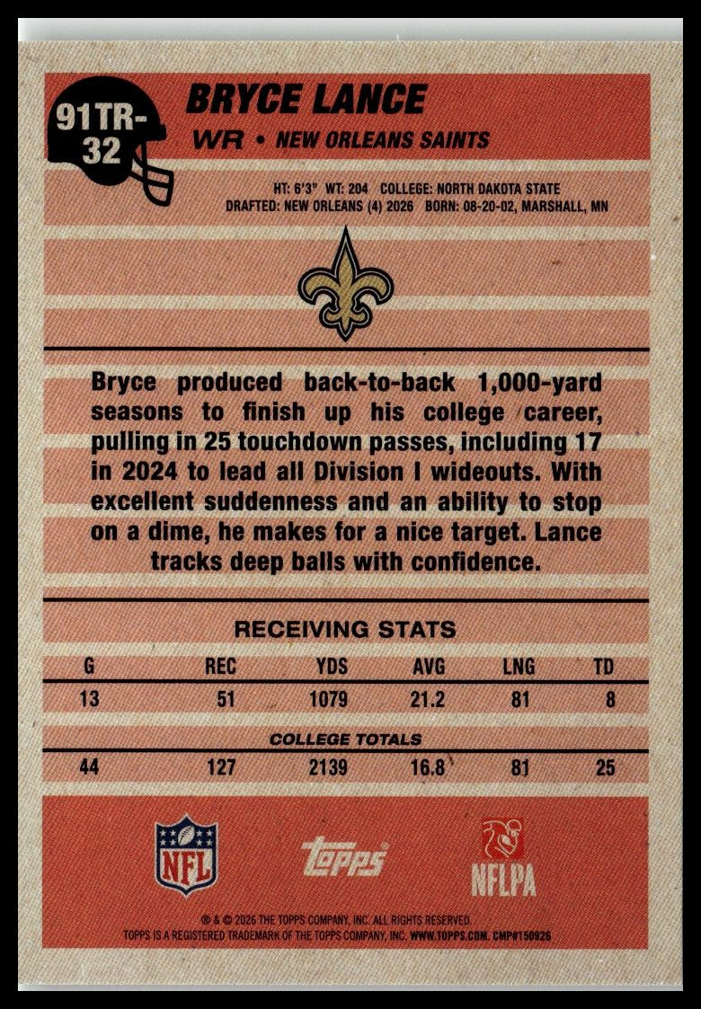 2026 Topps Flagship #91TR-32 Bryce Lance 1991 Topps Football Rookies Crackle