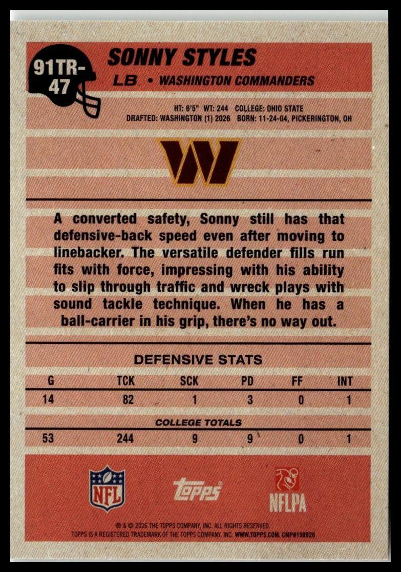 2026 Topps Flagship #91TR-47 Sonny Styles 1991 Topps Football Rookies