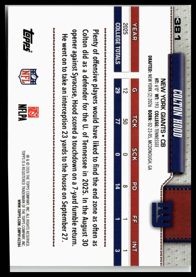 2026 Topps Flagship #381 Colton Hood
