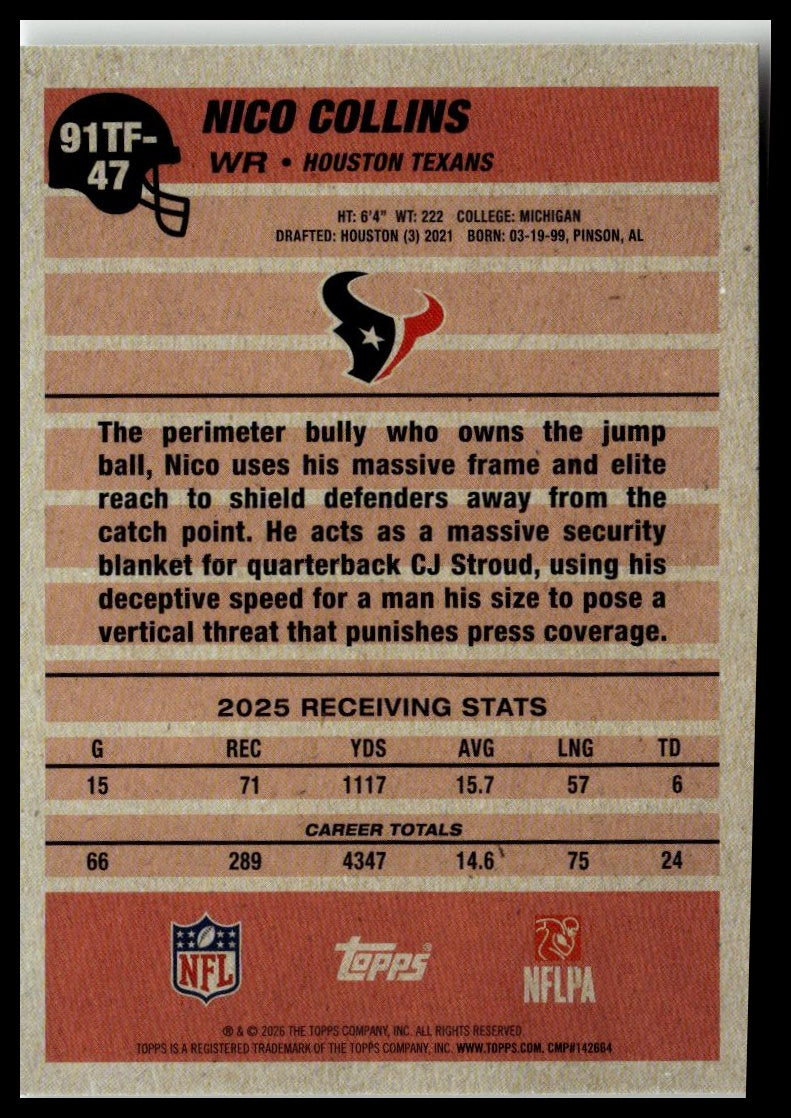 2026 Topps Flagship #91TF-47 Nico Collins 1991 Topps Football
