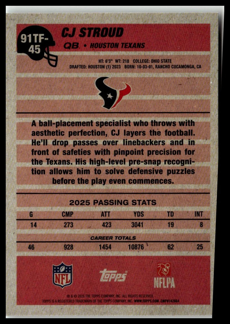 2026 Topps Flagship #91TF-45 CJ Stroud 1991 Topps Football